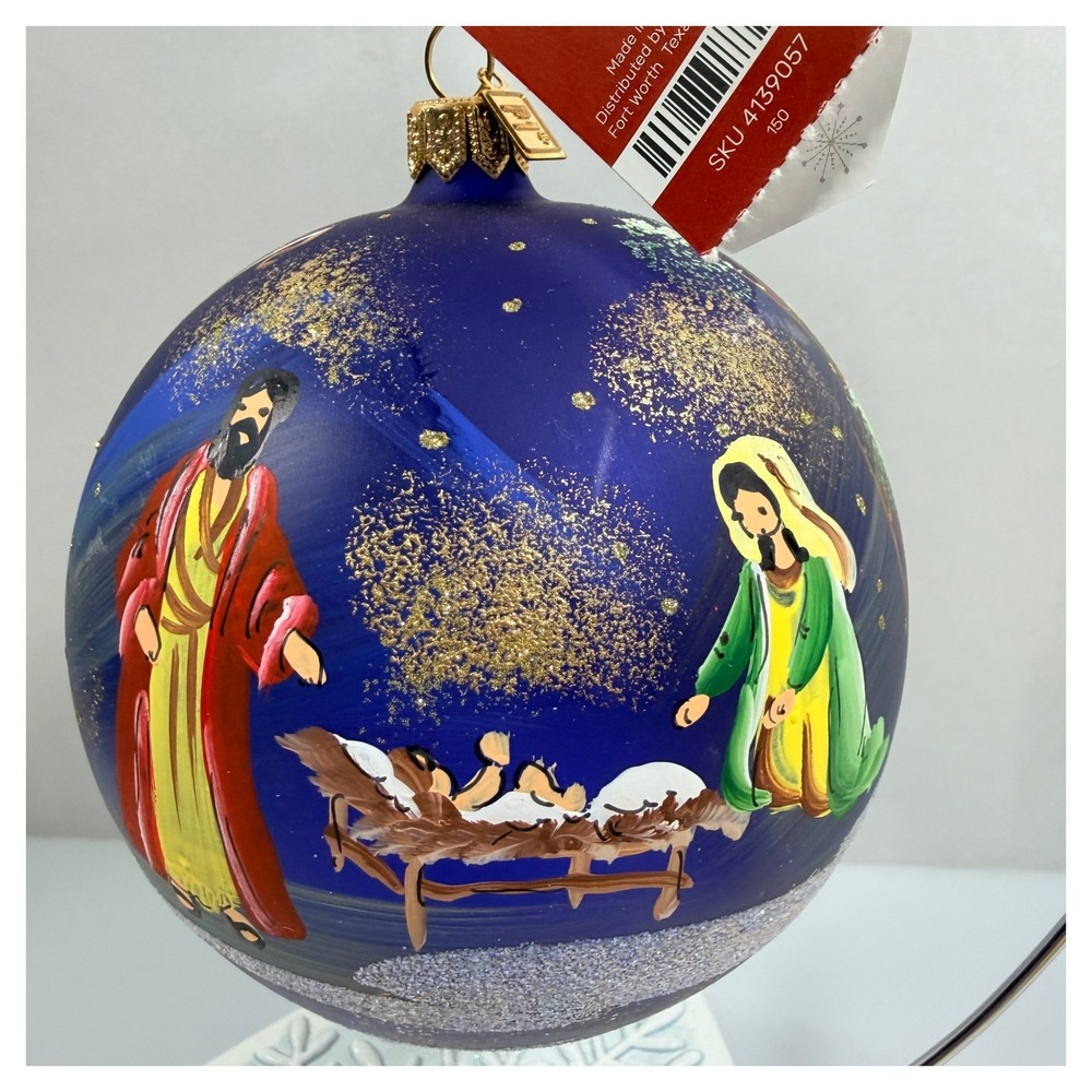 Pier 1 Nativity Ornament Hand Painted Glass Romania Holy Family Magi 4"